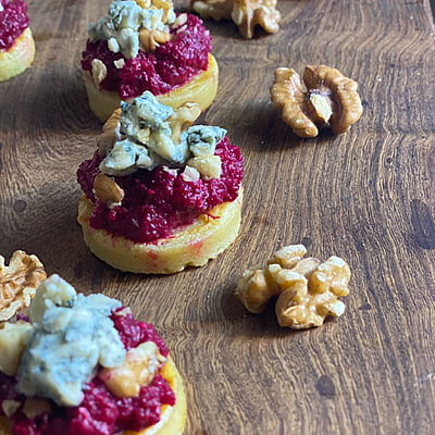 Beetroot requefort and walnut blinis 30pc