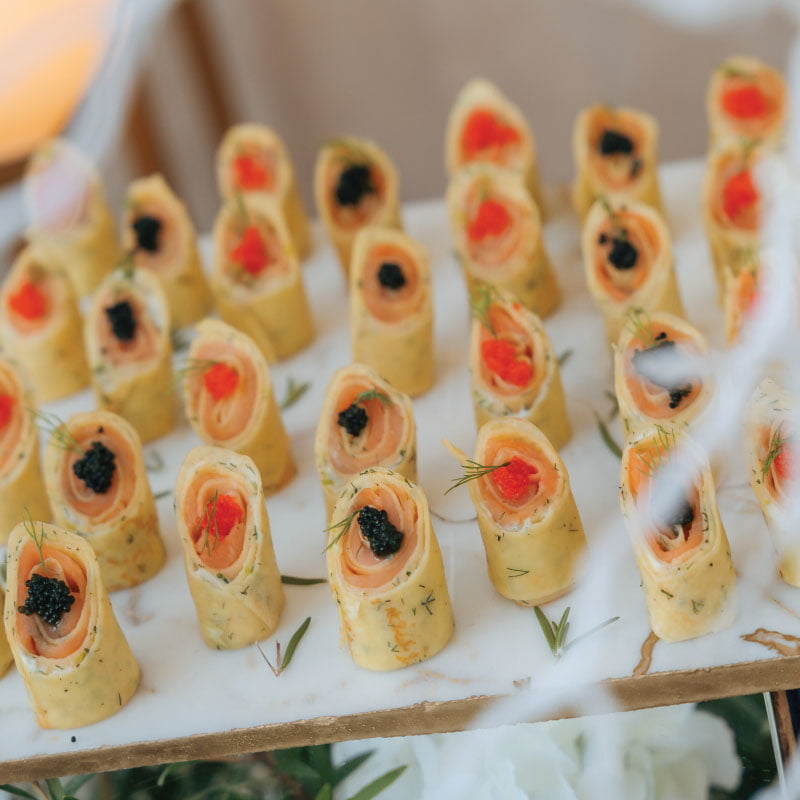 Smoked salmon and caviar crepe roulade 30pc